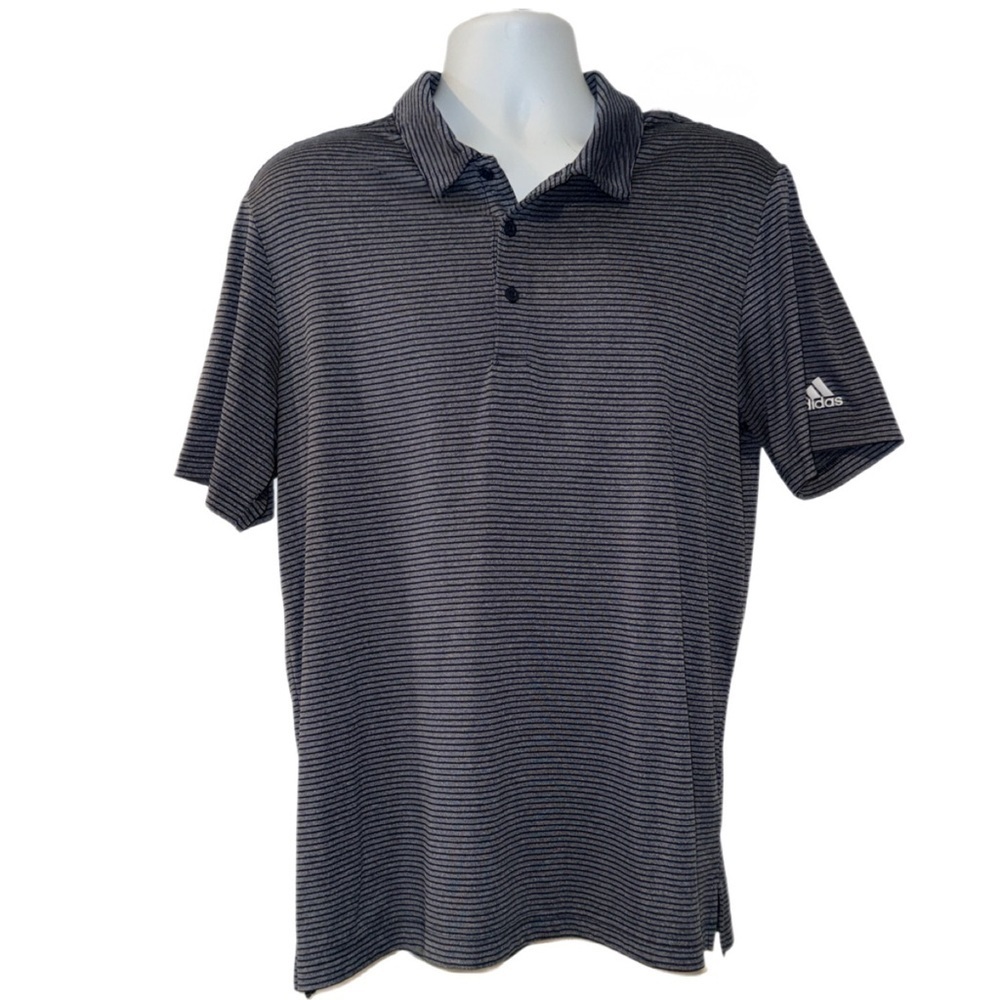 Adidas Golf Polo - Men’s Large Navy Blue Striped Moisture Wicking Performance